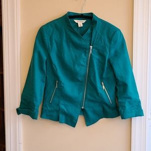 WHBM Teal Linen Asymmetrical 3/4 Sleeve Jacket